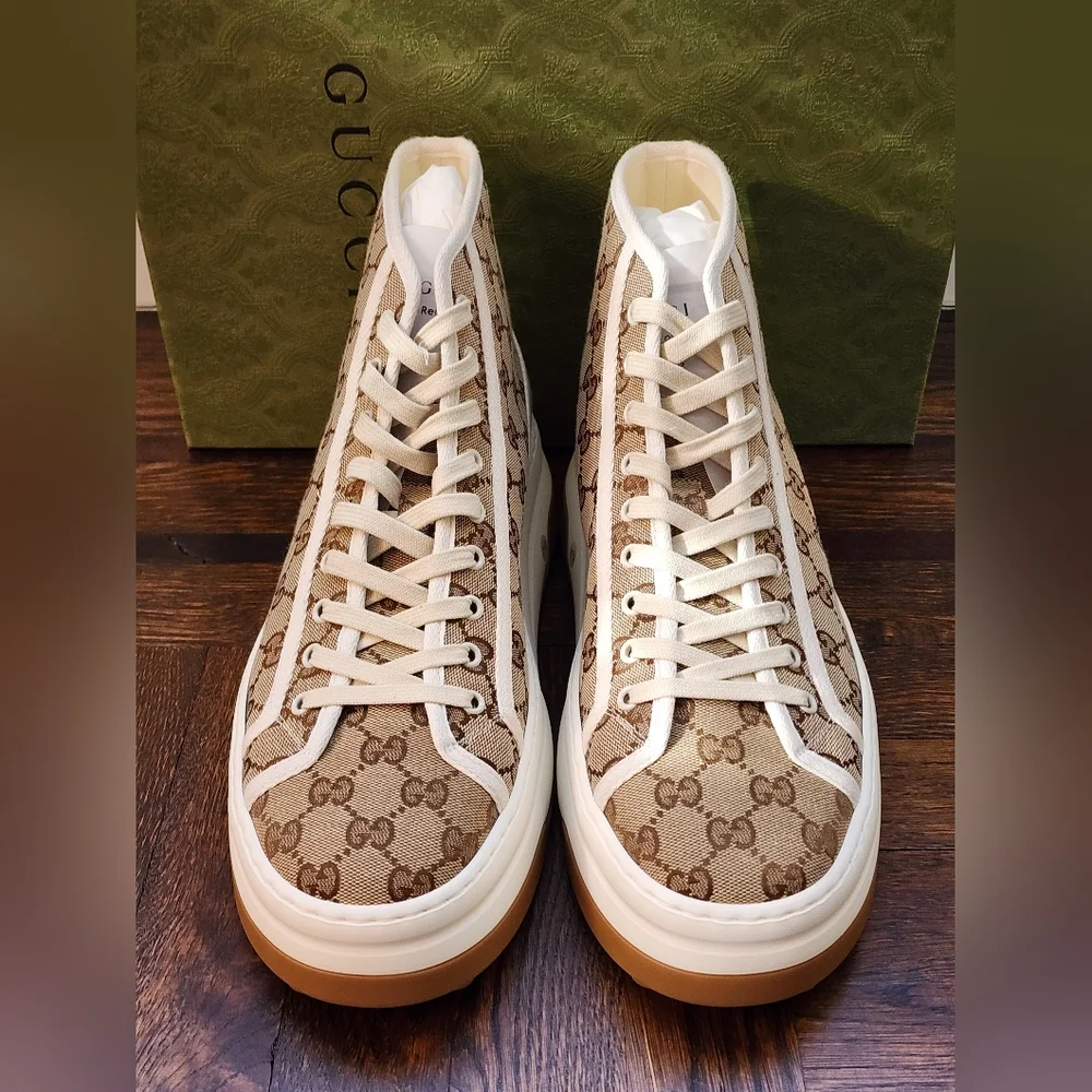 $1150 Brand New Gucci Men High Top GG Canvas Platform Sneakers G 12 US 13 Beige